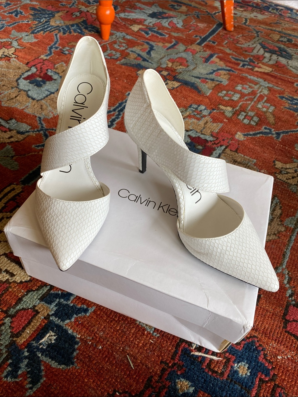 Calvin Klein gella-White Textured Cross-Strap Pointed Toe Heels